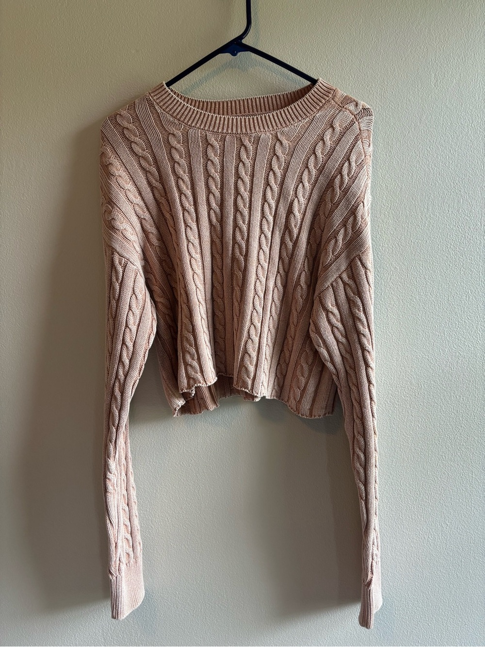 aerie Cable-Knit Cropped Crew Sweater - Tan Raw Hem